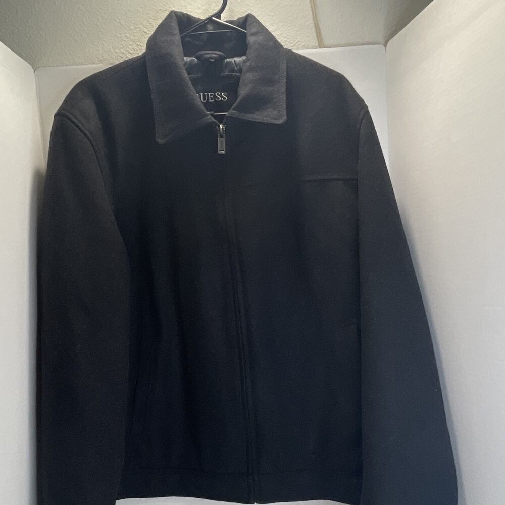 GUESS Men's Black Full Zip Jacket Point Collar Short Length Regular Fit Size L